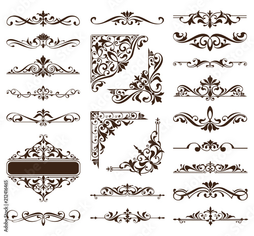 Vintage ornaments design elements floral curlicues white background curbs frame corners stickers 