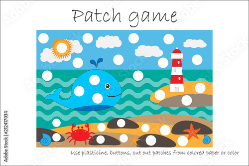 Education Patch game sea life for children to develop motor skills, use plasticine patches, buttons, colored paper or color the page, kid preschool activity, printable worksheet, vector illustration