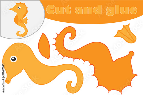 Sea horse in cartoon style, education game for the development of preschool children, use scissors and glue to create the applique, cut parts of the image and glue on the paper, vector illustration
