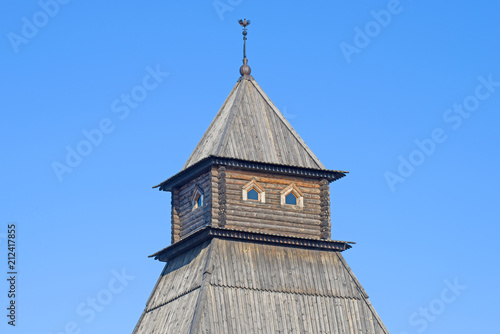 Wooden top of the old defensive tower close-up. The Pskov Kremlin, Russia