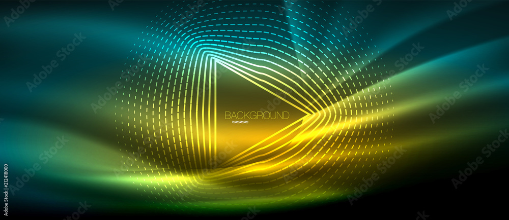 Neon glowing wave, magic energy and light motion background. Wallpaper template, hi-tech future concept Neon glowing wave, magic energy and light motion background. Wallpaper template, hi-tech future concept