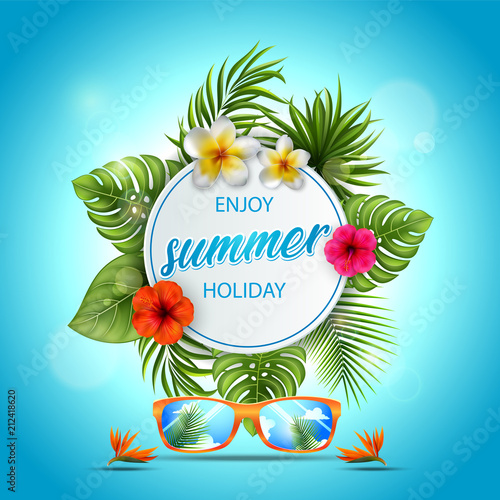 Summer sale banner with tropical flowers and leaves for promotion