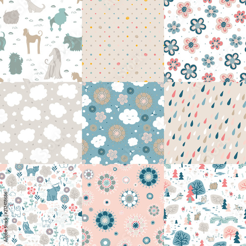 Funny and cute cloud, flowers, dogs. 9 different seamless patterns.