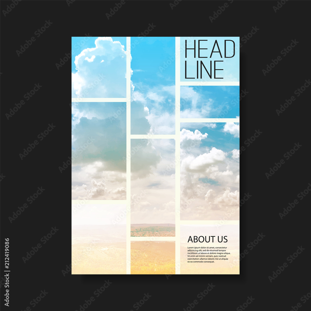      Modern Style Tiled Flyer or Cover Design for Your Business with Mountains and Sky View Image - Applicable for Reports, Presentations, Placards, Posters, Travel Guides 