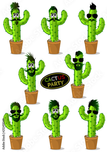 Set of cartoon cactus-hipsters in glasses with different hairstyles. Bearded cacti with muzzles. Vector illustration.