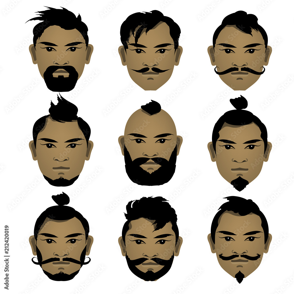 Set faces of Asian men with different hairstyles, beards and mustaches.  Vector illustration. Stock Vector | Adobe Stock