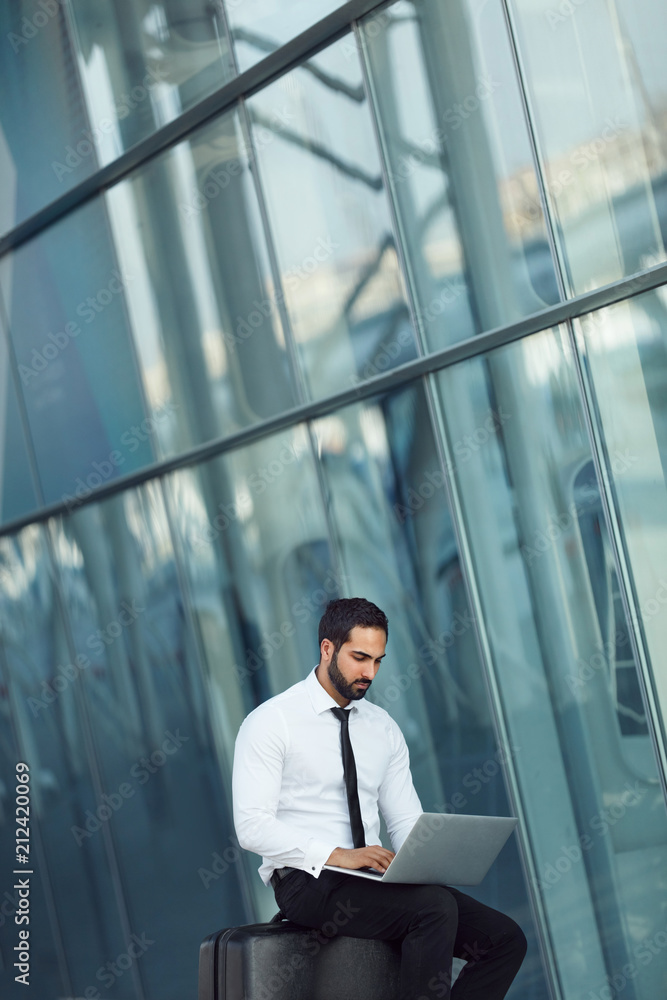 Business Man Working On Computer Traveling At Airport Business Man Working On Computer Traveling At Airport