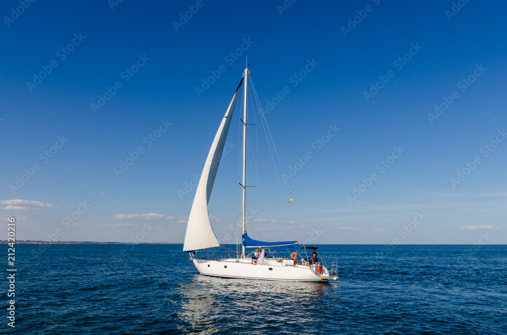 Seascape with white yacht on the sea in Odesa