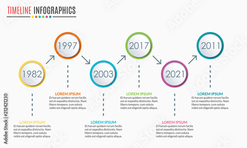 Timeline infographics template with 6 circles and arrow. 6 steps, options, levels or processes. Business presentation concept. Workflow layout, diagram for web design. Vector illustration.