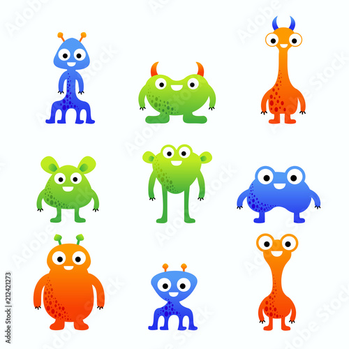 Funny cute colorful cartoon vector monster characters set for children isolated on white background.