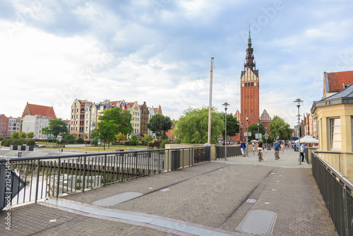 Elblag - view from bridge over Elblag River towards Mostowa Street and rebuilt old town