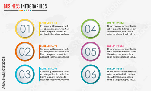 Menu template with circular diagram set or pie chart. 6 steps, options, stages or levels. Layout workflow. Modern business infographics design elements. Vector illustration.