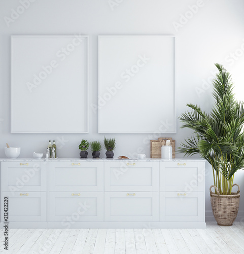 Mock up poster frame in kitchen interior, Scandinavian style, 3d render