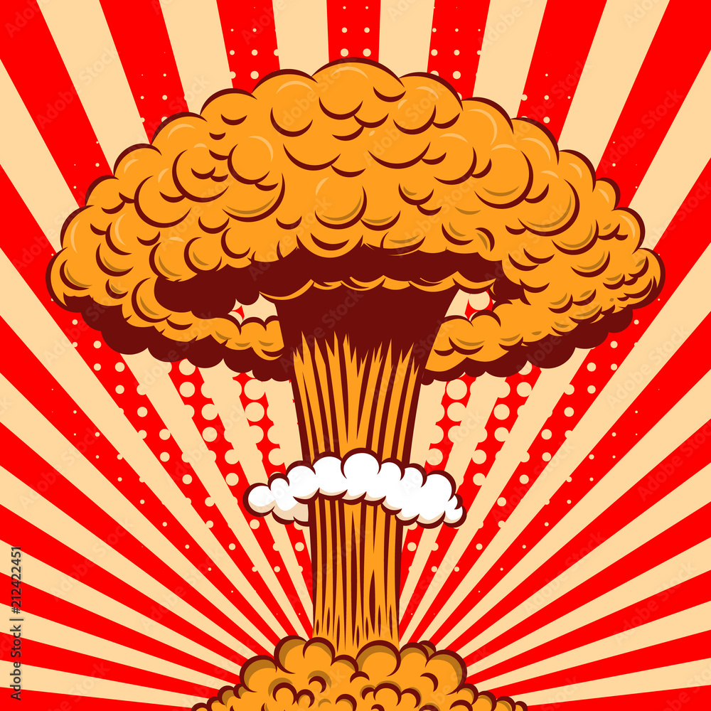 Nuclear explosion in cartoon style on comic background. Design element for  poster, card, banner, flyer. Stock Vector