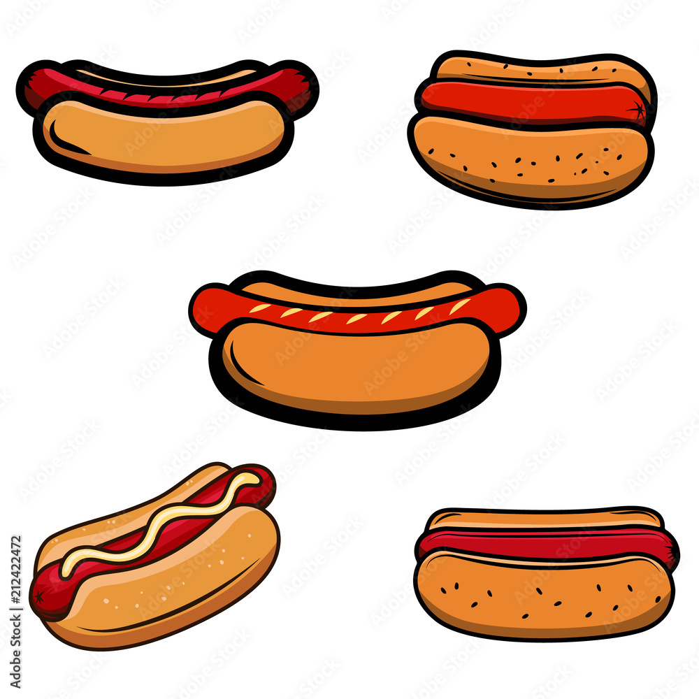 Set of hot dog illustrations on white background. Design element for logo, label, emblem, sign, badge. Set of hot dog illustrations on white background. Design element for logo, label, emblem, sign, badge.