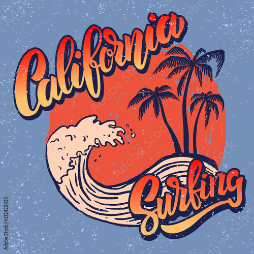 California surf rider. Poster template with lettering and palms.