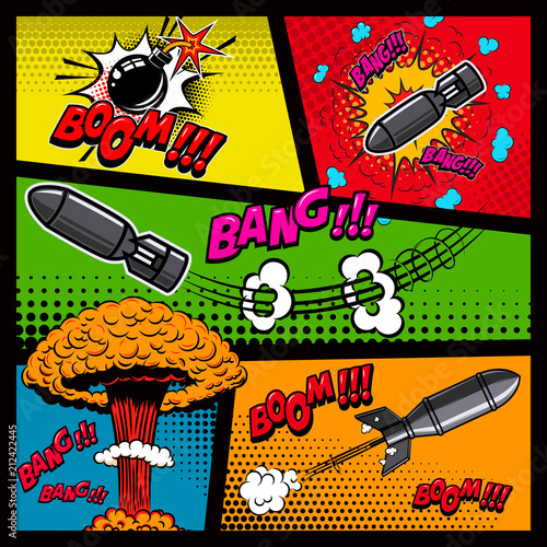 Comic page mockup with color background. Bomb, dynamite, explosions. Design element for poster, card, print, banner, flyer.