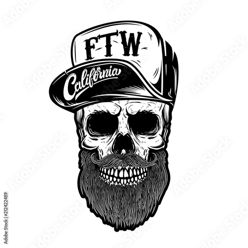 Hipster skull in baseball cap with lettering california, forever two wheels. Design element for logo, label, emblem, sign.