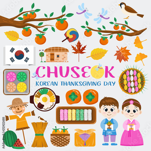 Flat design icons, Chuseok, Korean Mid autumn festival symbols.
Illustration of traditional food, costume and autumn leaves. 
