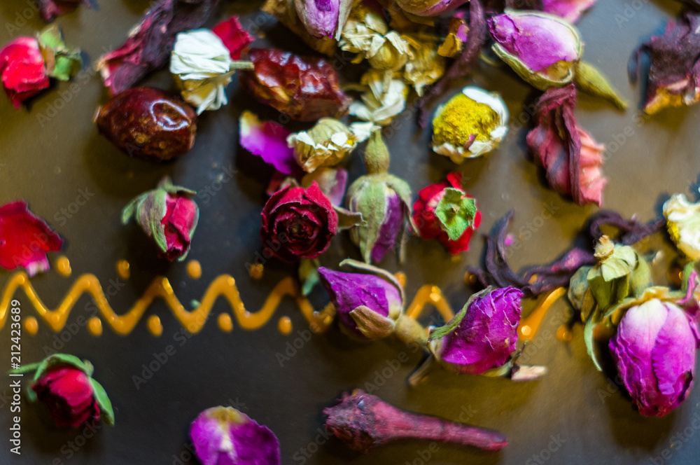 flower tea-buds and fruits of wild rose, chamomile and other ingredients