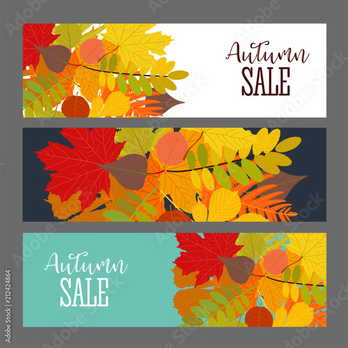 Abstract Vector Illustration Autumn Sale Background with Falling Autumn Leaves.