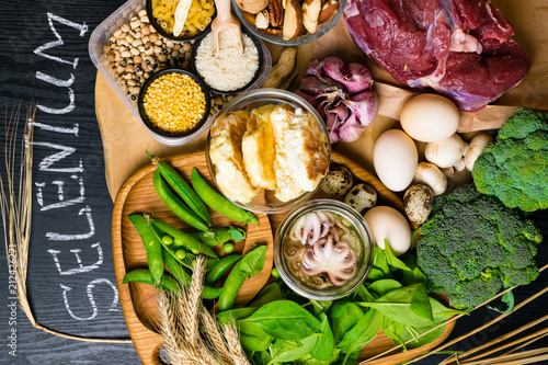 Natural products and ingredients containing selenium, dietary fiber and minerals, concept of healthy nutrition