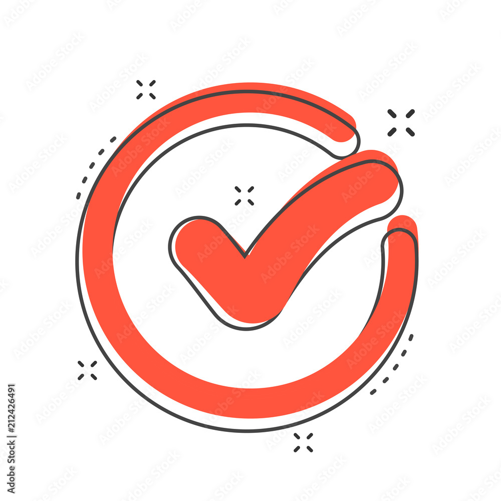 Cartoon check mark icon in comic style. Approved illustration pictogram. Ok  sign splash business concept. Stock Vector | Adobe Stock