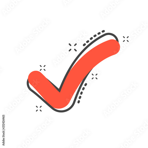 Cartoon check mark icon in comic style. Approved illustration pictogram. Ok sign splash business concept.
