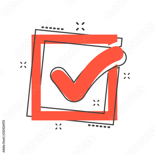 Cartoon check mark icon in comic style. Approved illustration pictogram. Ok sign splash business concept.