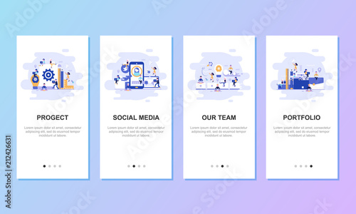 Onboarding screens user interface kit for mobile app templates concept. Modern user interface UX, UI screen template for mobile smart phone or responsive web site. Vector illustration flat design.