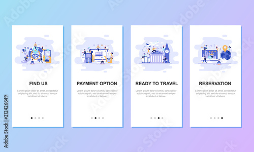 Onboarding screens user interface kit for mobile app templates concept. Modern user interface UX, UI screen template for mobile smart phone or responsive web site. Vector illustration flat design.