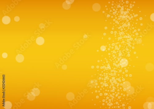 Beer background with realistic bubbles.  Cool beverage for restaurant menu design, banners and flyers.  Yellow horizontal beer background with white foam. Cold glass of ale for brewery design.