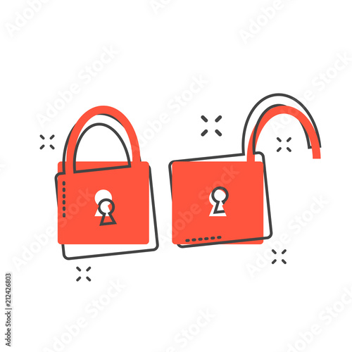 Cartoon padlock icon in comic style. Lock, unlock illustration pictogram. Locker sign splash business concept.