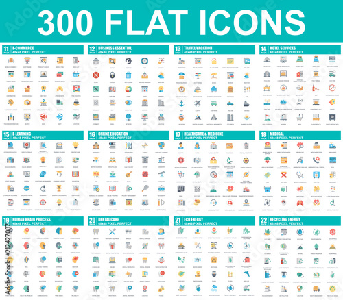 Simple set of vector flat icons. Contains such Icons as Business, E-commerce, Travel, Vacation, Education, Learning, Medical, Healthcare, Ecology. 48x48 Pixel Perfect. Flat pictogram pack.