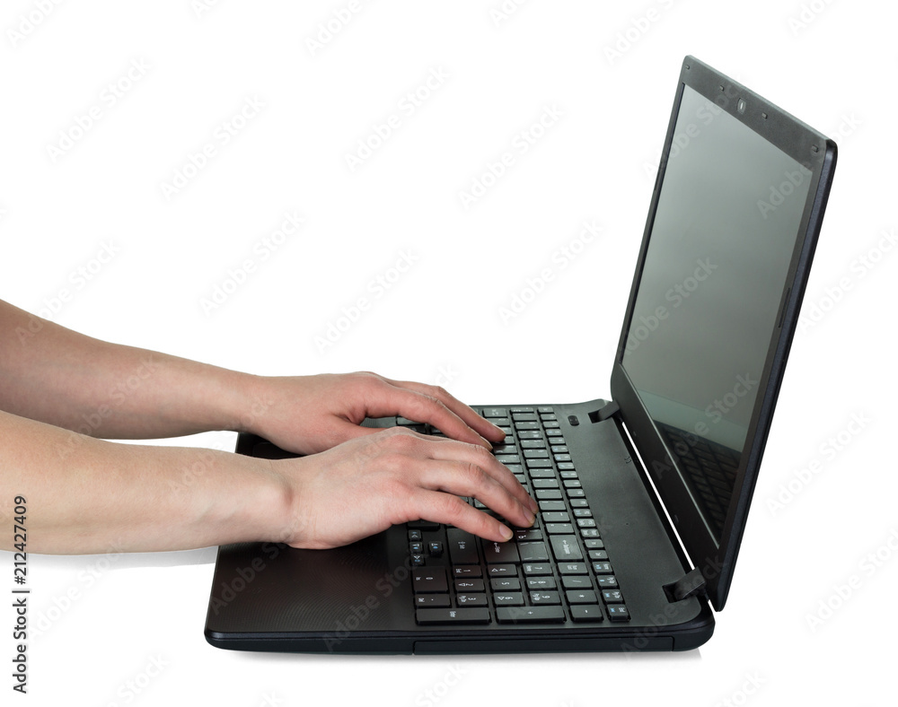Human hands on computer keyboard isolated on white Human hands on computer keyboard isolated on white