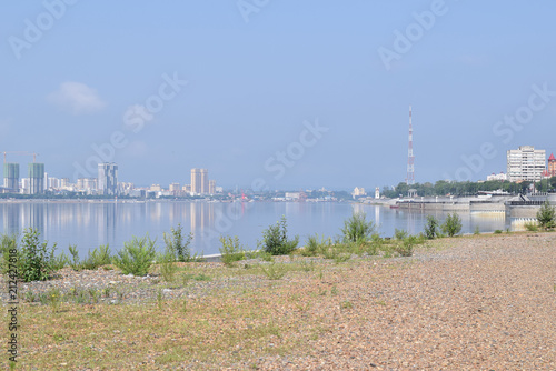 amur river. Left the China town of Heihe. Right Russia.The City Of Blagoveshchensk.