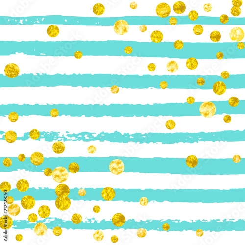 Gold glitter confetti with dots on turquoise stripes. Random falling sequins with metallic shimmer. Template with gold glitter confetti for party invitation, event banner, flyer, birthday card.