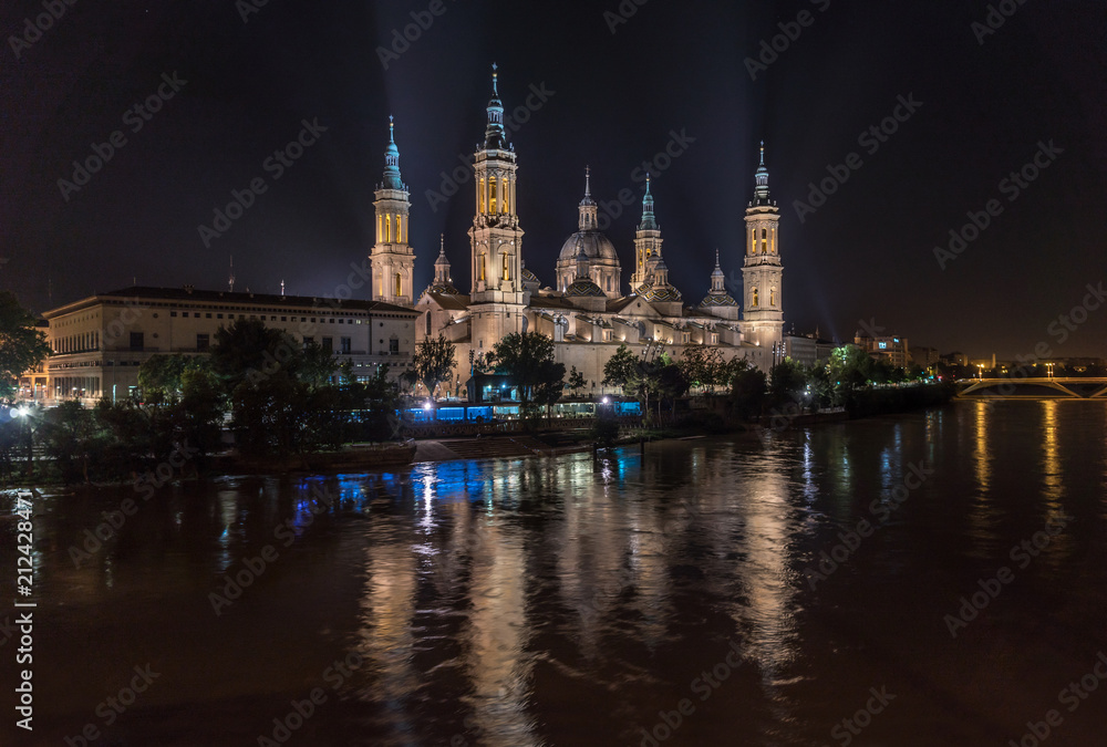 Pilar Zaragoza mighty Ebro river, Basilica Cathedral night illumination water reflection Aragon Spain, gigapan