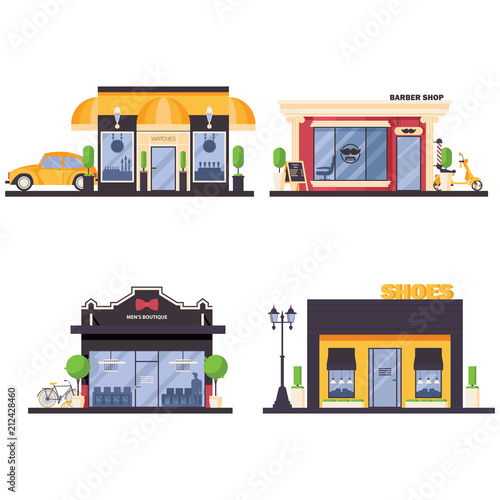 Vector set with city shops for modern men fashion, like male watches, barber shop, male boutique and shoes store. Flat collection