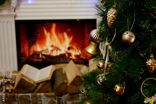 Beautiful decorated fireplace and Christmas tree