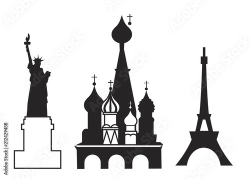 Set of showplace icons. Mobile app, printing, web site icon. Simple elements. Monochrome Statue of Liberty, Red Square and Eiffel Tower vector illustration.