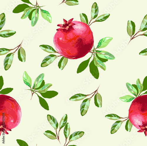 Vector seamless pattern with pomegranate fruits and seeds on white background. Design for cosmetics, spa, pomegranate juice, health care products, perfume. Best for textile or wrapping paper