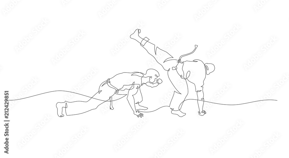 Two capoeira fighters playing. Contour Isolated on white. Vector illustration