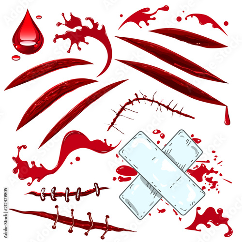 Vector set decorative objects for Halloween. Various cuts, scars, wounds and drops of blood.