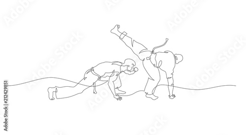 Two capoeira fighters playing. Contour Isolated on white. Vector illustration
