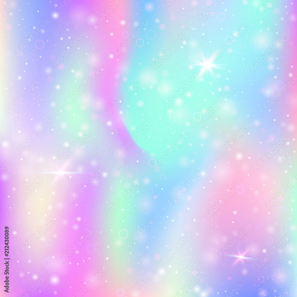 Fototapeta Unicorn background with rainbow mesh. Multicolor universe banner in princess colors. Fantasy gradient backdrop with hologram. Holographic unicorn background with magic sparkles, stars and blurs.