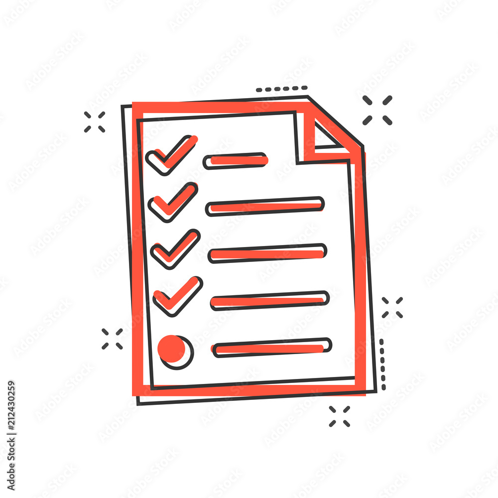 Cartoon checklist icon in comic style. Document check illustration pictogram. Diagram graph sign splash business concept. Cartoon checklist icon in comic style. Document check illustration pictogram. Diagram graph sign splash business concept.