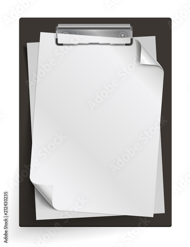 Realistic clipboard with a few blank white sheets of paper. Template or mock up for text and design. Empty paper notes, top view. Vector illustration.