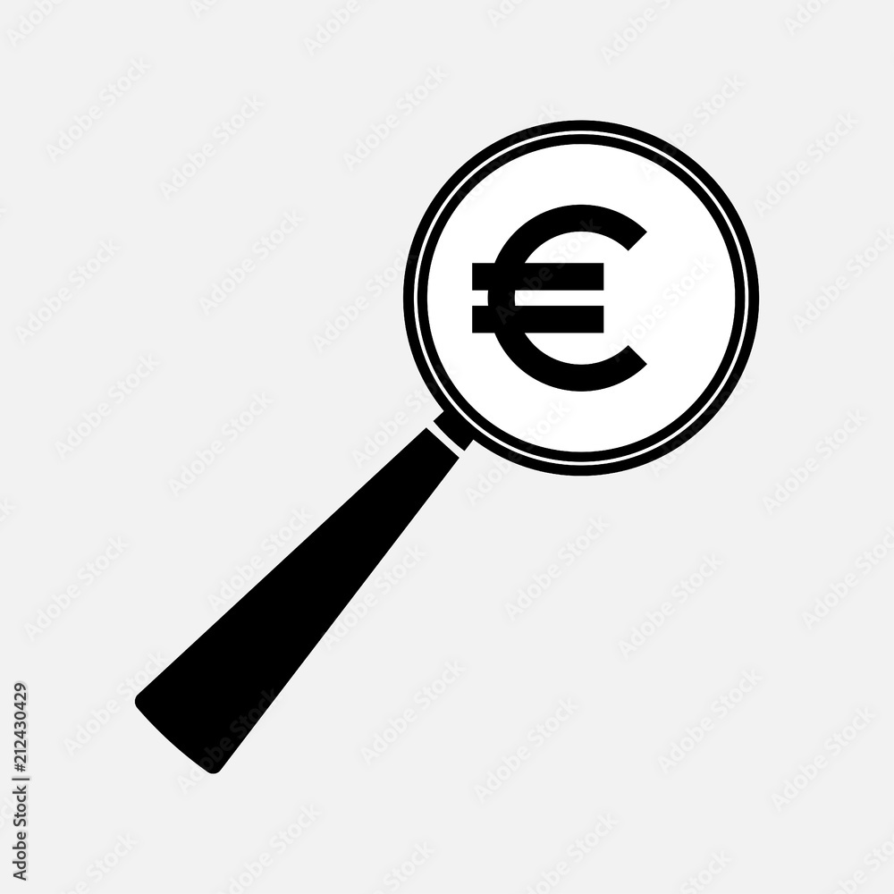 icon symbol of the euro under a magnifying glass, finance icon symbol of the euro under a magnifying glass, finance
