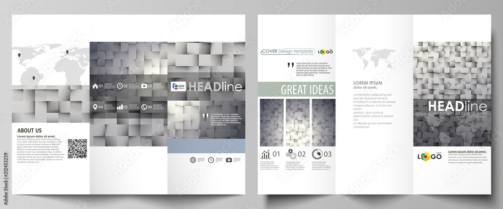 Tri-fold brochure business templates on both sides. Easy editable abstract vector layout in flat design. Pattern made from squares, gray background in geometrical style. Simple texture. Tri-fold brochure business templates on both sides. Easy editable abstract vector layout in flat design. Pattern made from squares, gray background in geometrical style. Simple texture.